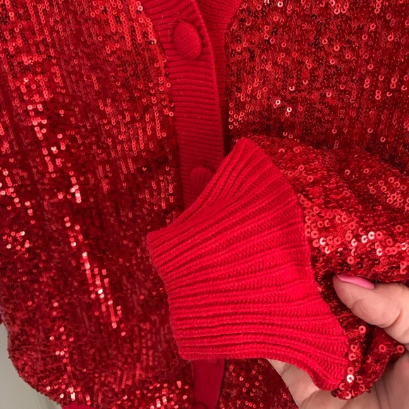 NWT INC Sequined RED Long Boyfriend Cardigan Large Get your “Shimmer On” - Picture 3 of 9